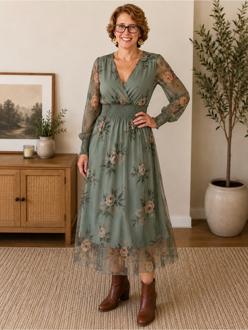 ANRABESS Sage Floral Maxi Dress XL NWT